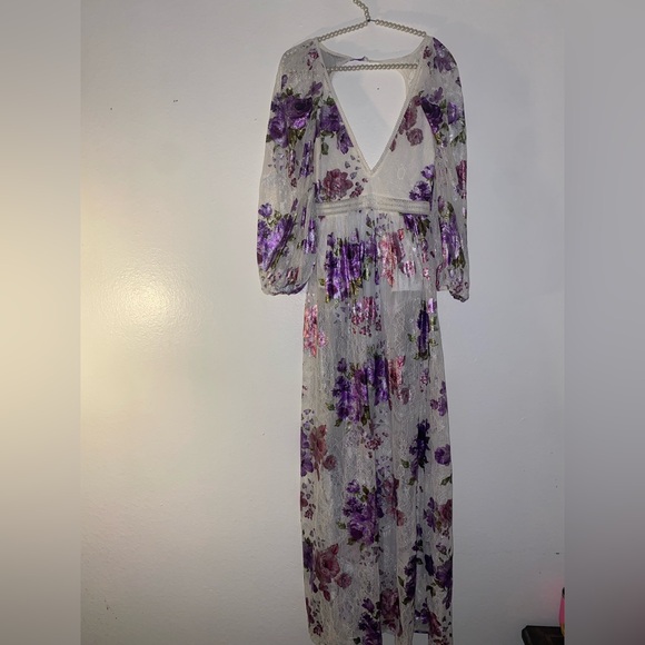 For Love & Lemons Wildflower Foil Lace Maxi Dress Lavender Size XS - Picture 2 of 8